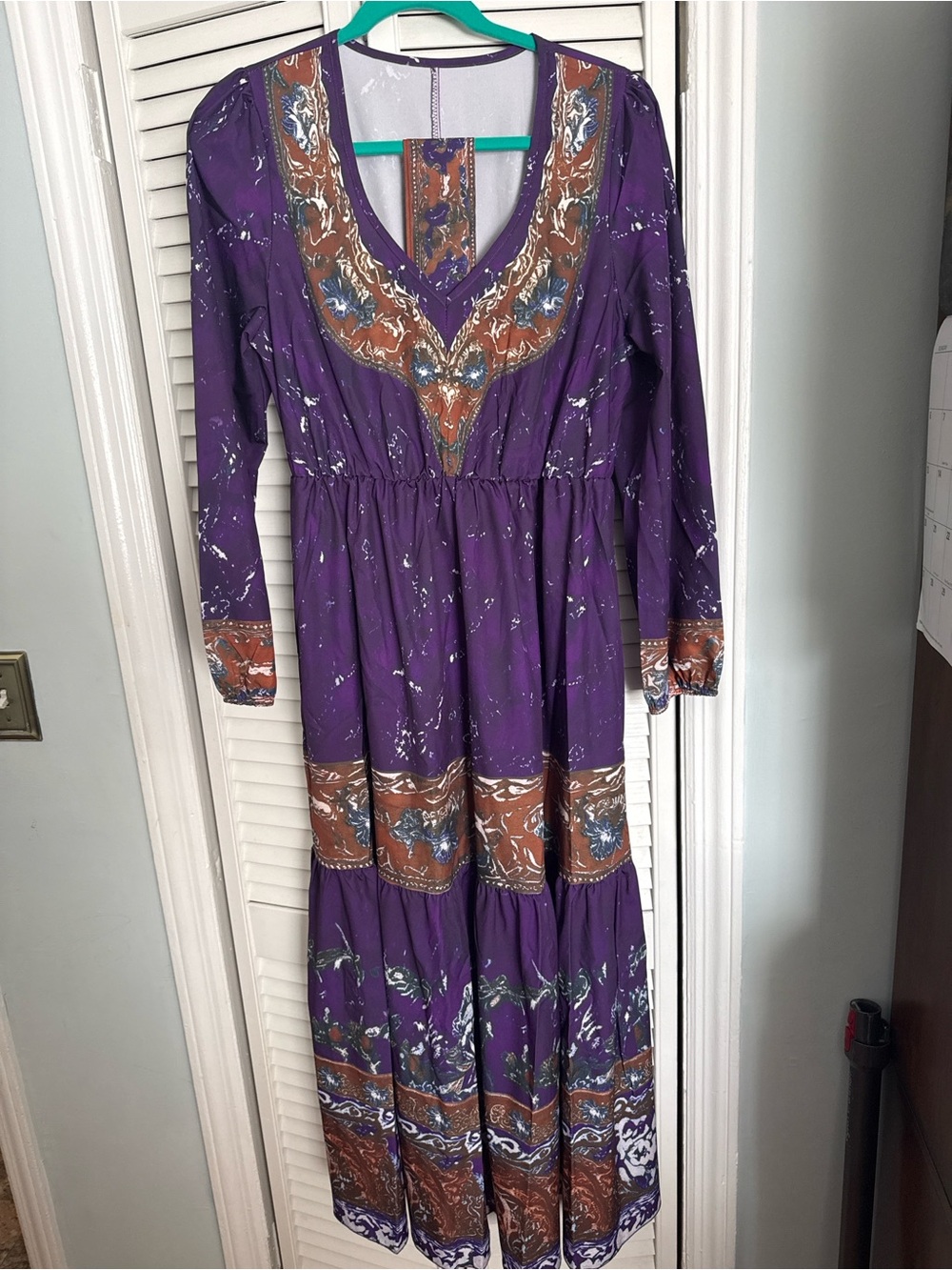 Bohemian Purple Maxi Dress with Printed Trim
